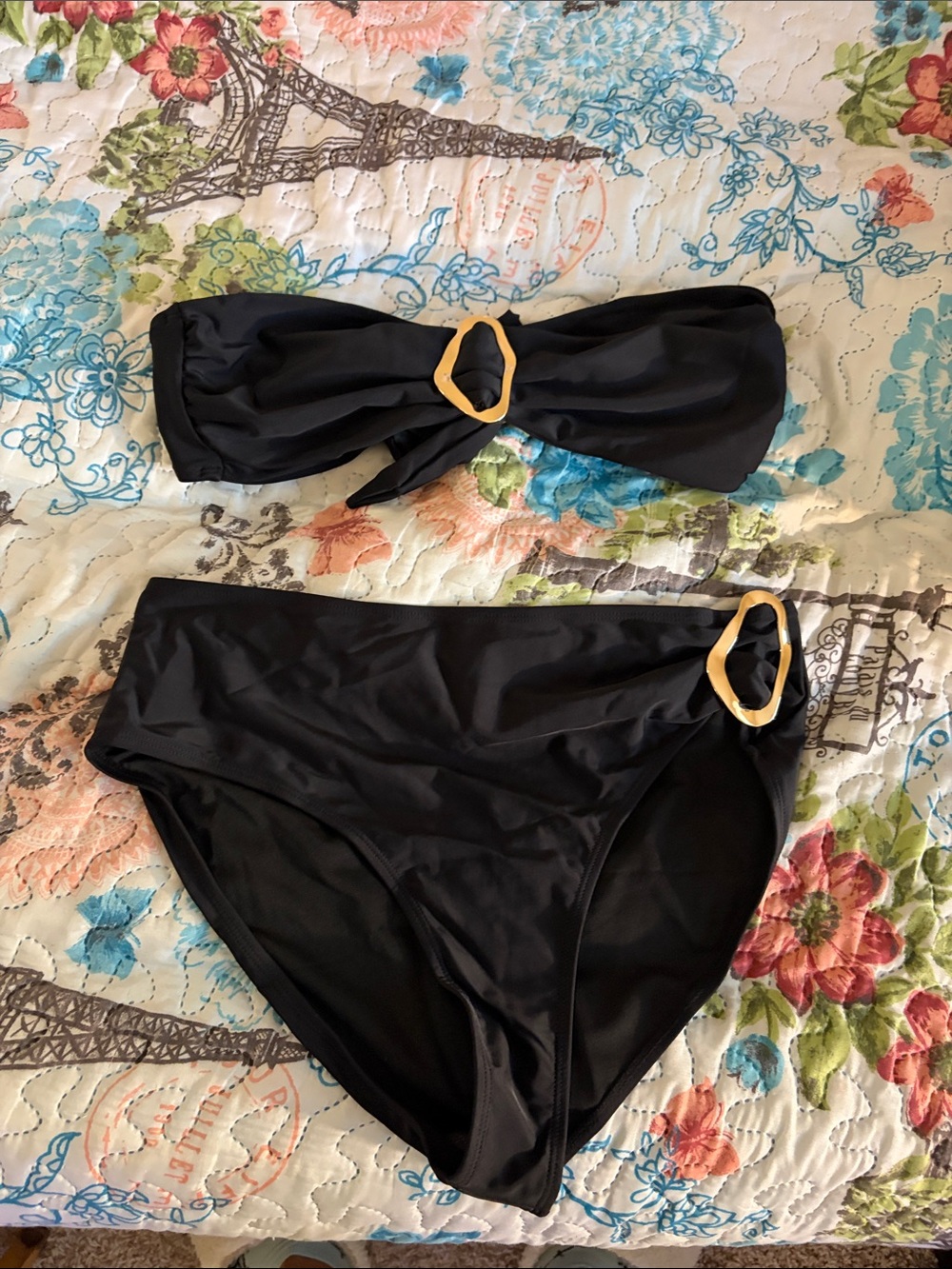 Black Bandeau Bikini Set with Gold Accent - Women's Swim